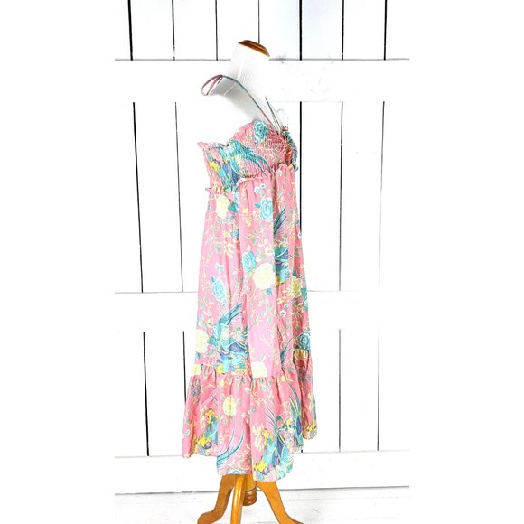 Vintage dusty peach pink floral rushed halter top ruffle dress - Picture 4 of 5